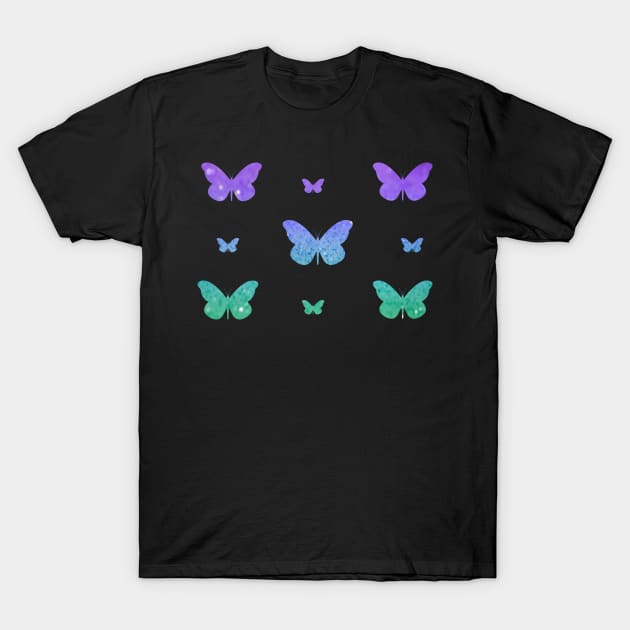 Purple Teal Ombre Faux Glitter Butterflies T-Shirt by Felicity-K